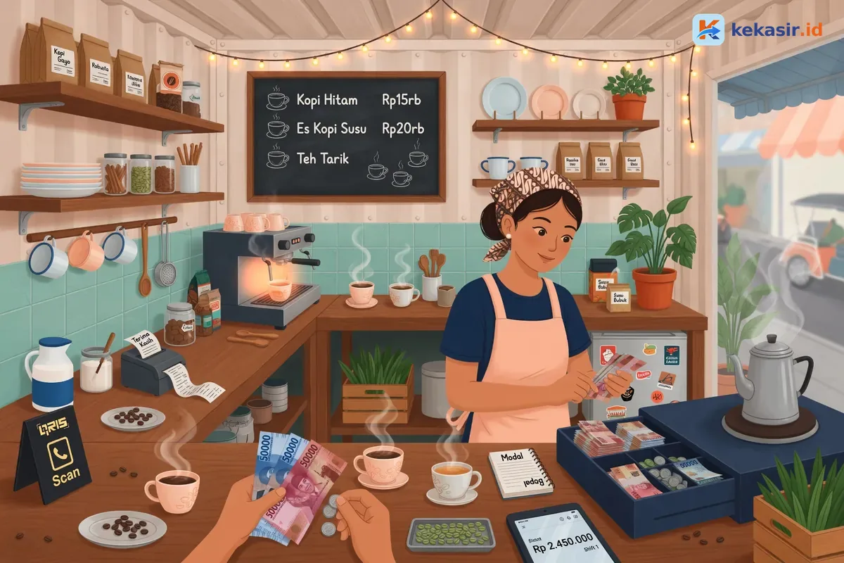Ilustrasi kasir kontainer kopi menghitung uang laci sebelum buka shift pagi