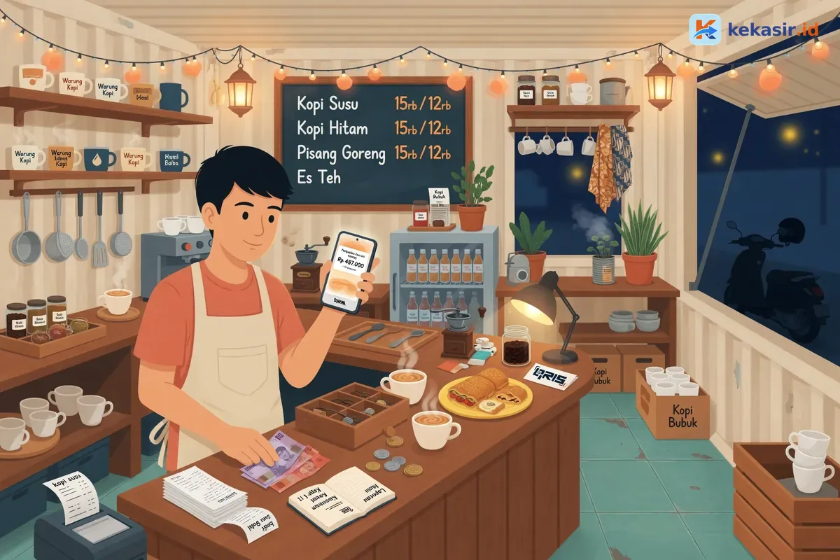 Ilustrasi pemilik kontainer kopi menutup shift malam sambil cek rekap di HP dan uang laci