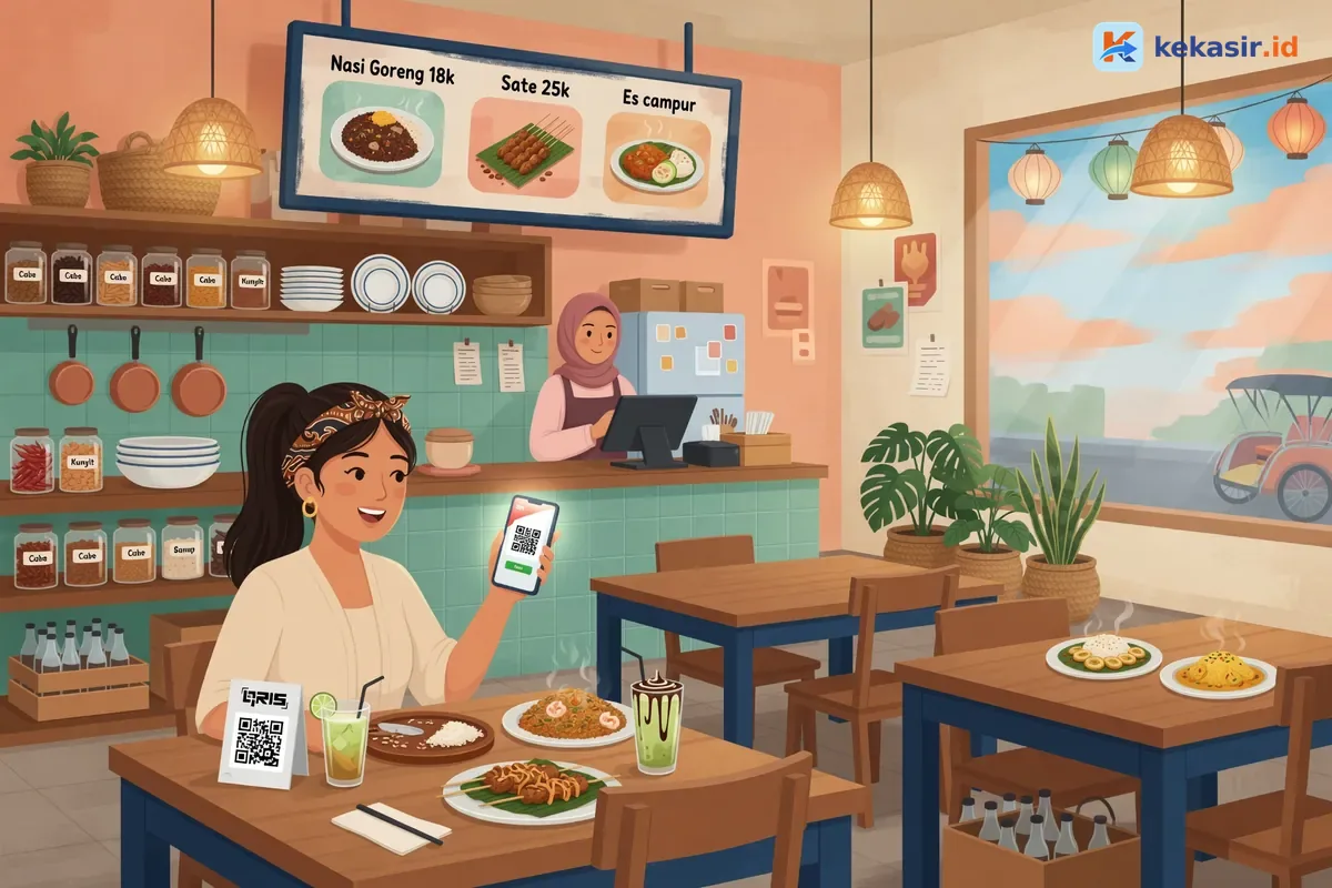 Ilustrasi alur pesanan pre-order dari chat Instagram ke pembayaran QRIS dan pencatatan kasir