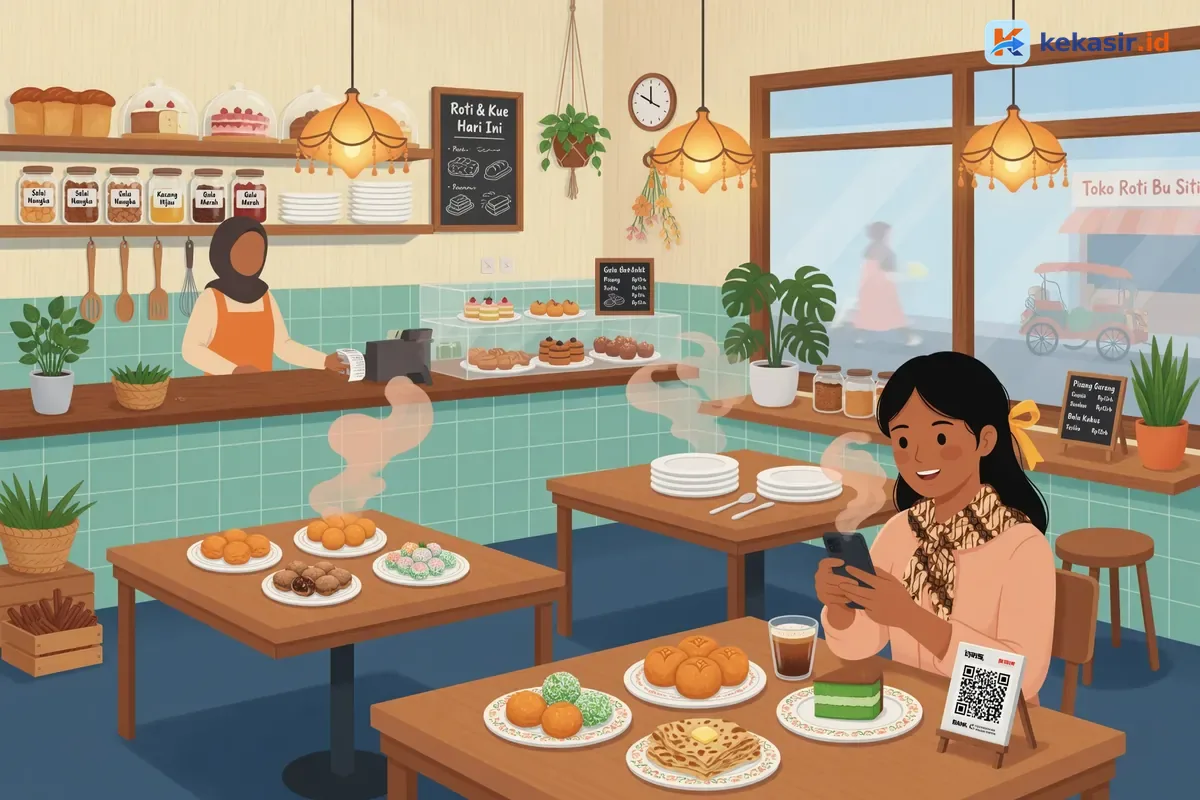 Pelanggan memindai QRIS di layar HP untuk melunasi pesanan pre-order bakery rumahan