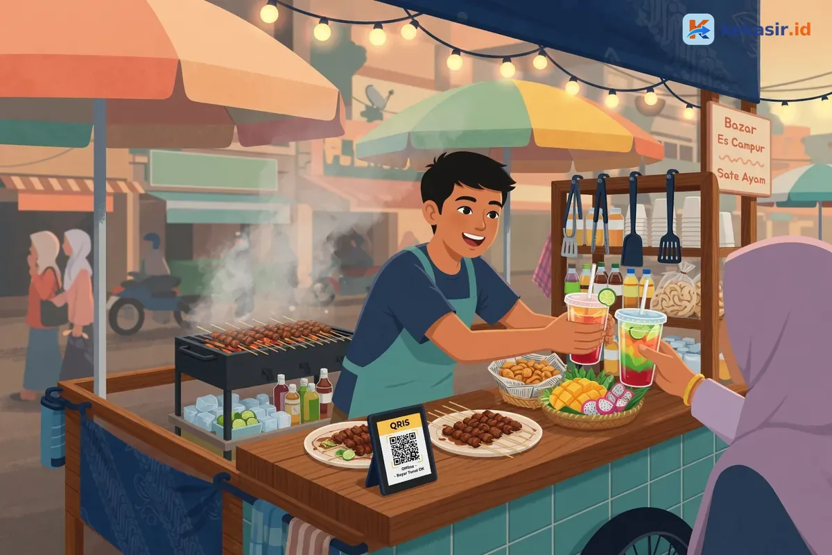 Ilustrasi pemilik stand menyajikan minuman di booth bazar ramai