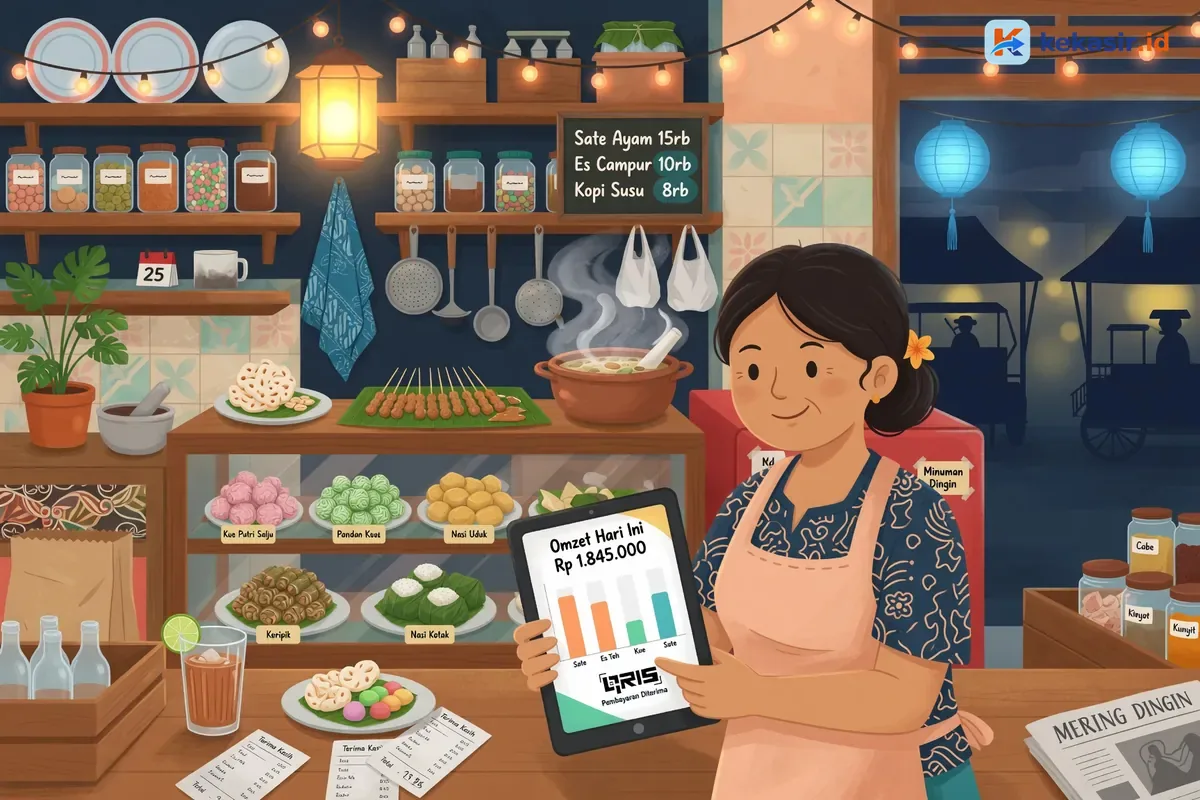 Pemilik usaha kuliner mengecek laporan penjualan harian di tablet