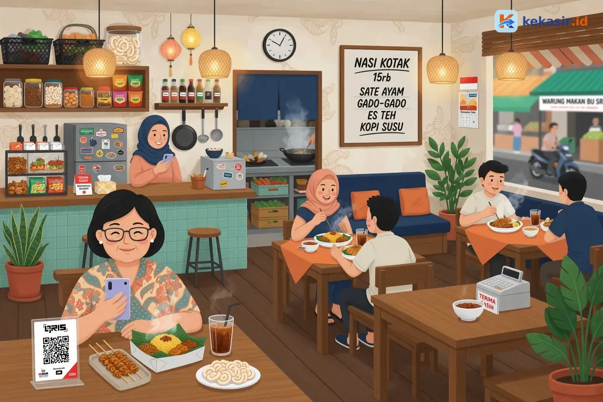 Ilustrasi pemilik usaha katering rumahan mengatur pesanan nasi kotak di dapur