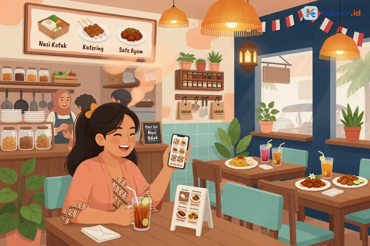 Pelanggan melihat menu katering melalui katalog online di ponsel