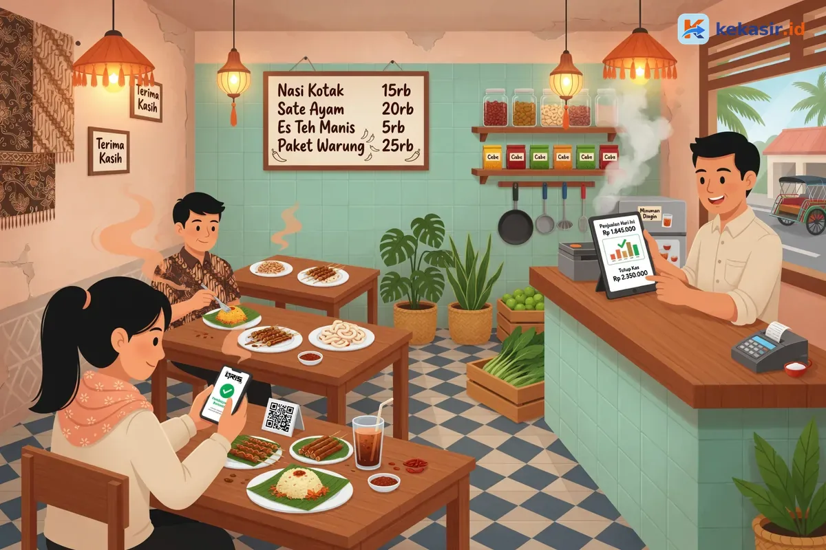 Pemilik usaha kuliner mengecek laporan penjualan dan tutup kas di aplikasi kasir