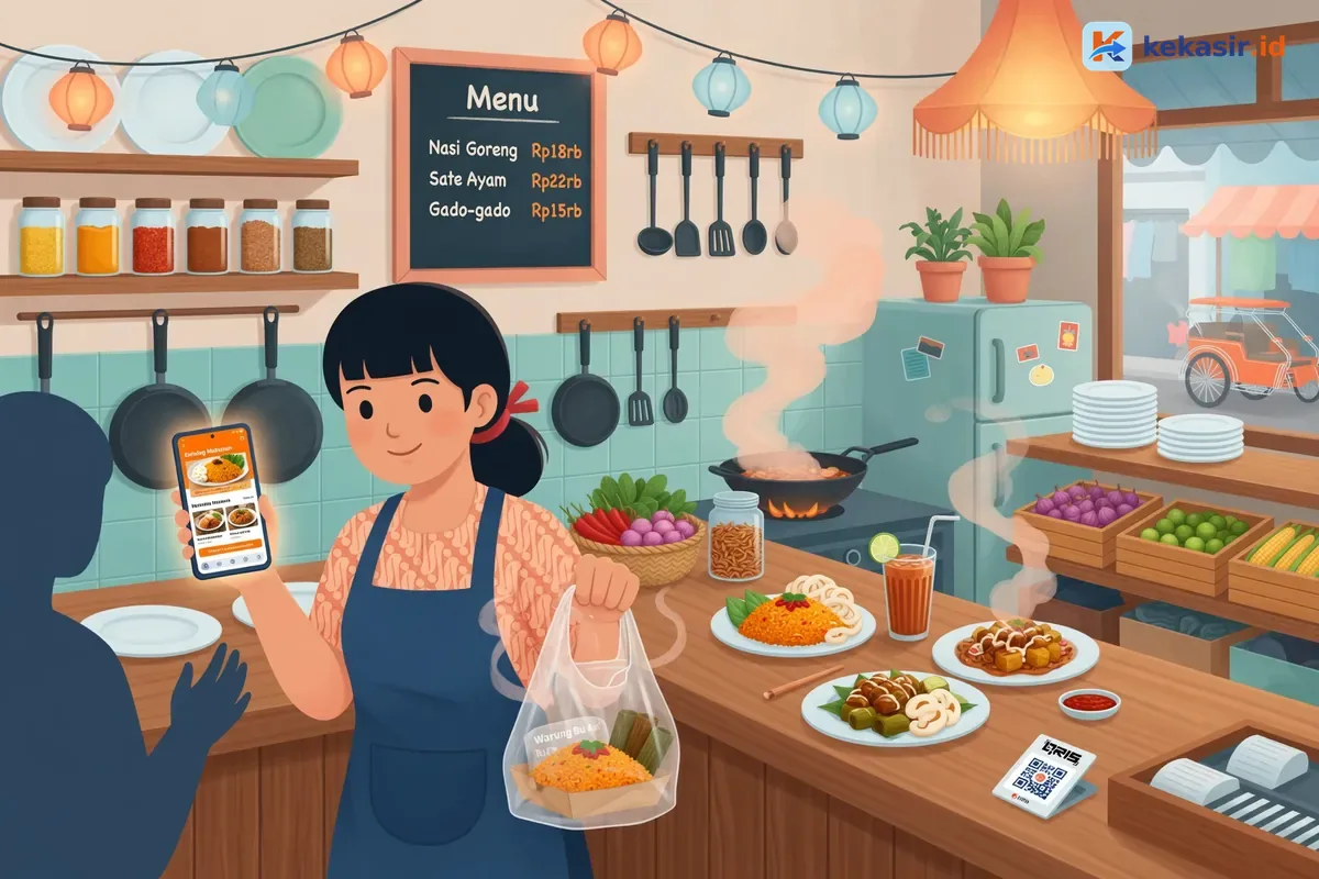Pemilik warung membuka link katalog makanan di HP sambil melayani pesanan takeaway
