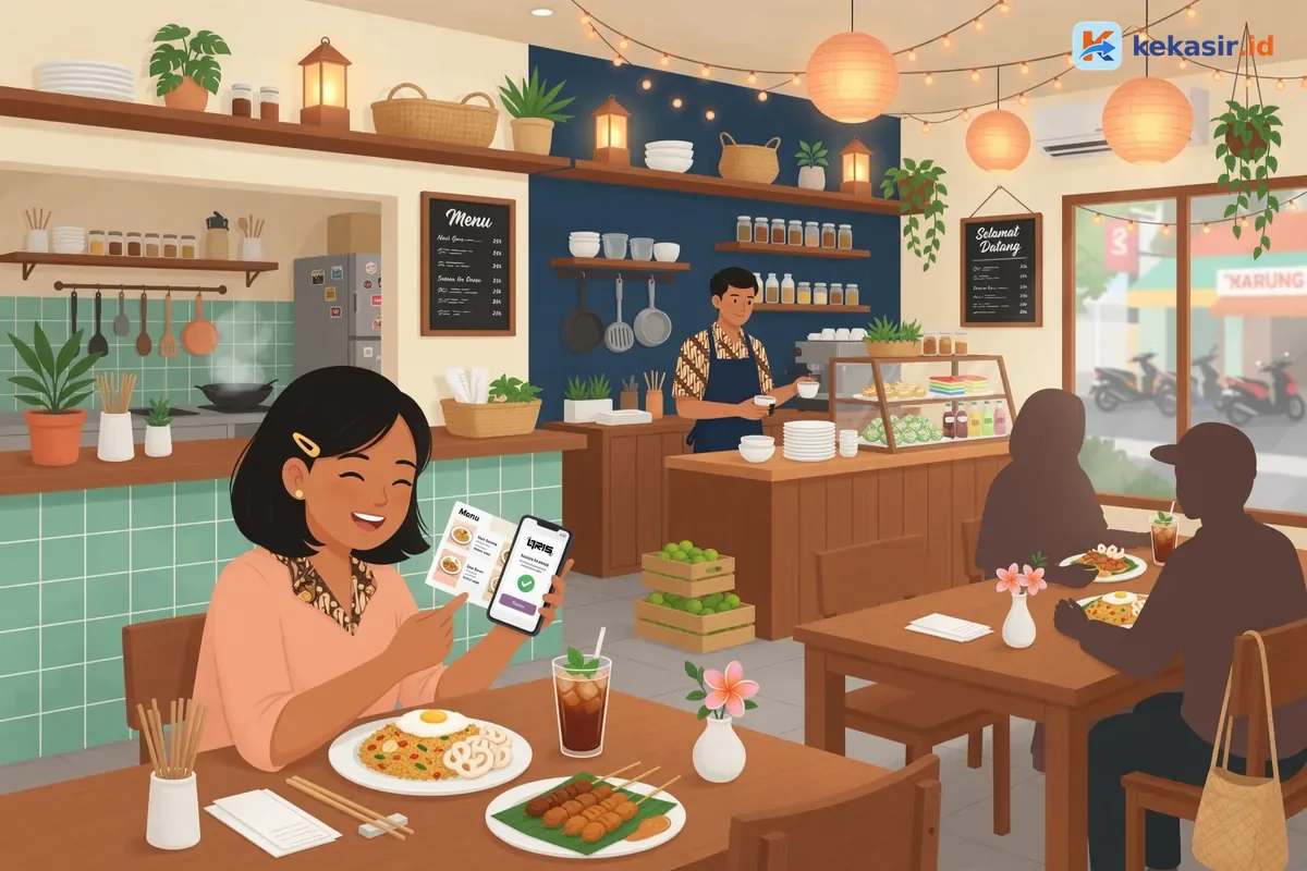 Pelanggan memesan makanan lewat HP di meja kafe sambil melihat daftar menu digital