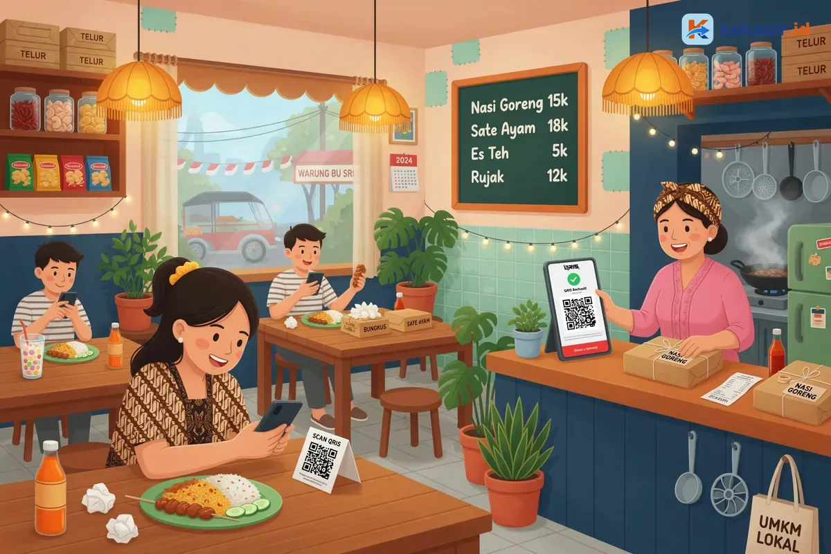 Kasir restoran mengecek notifikasi pembayaran QRIS di aplikasi kasir sambil menyiapkan bungkus takeaway