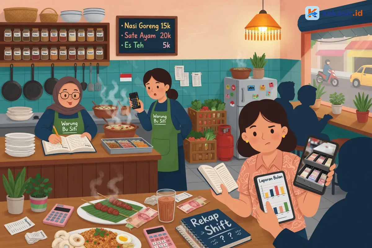 Ilustrasi owner membandingkan rekap kas dari dua kasir di meja restoran