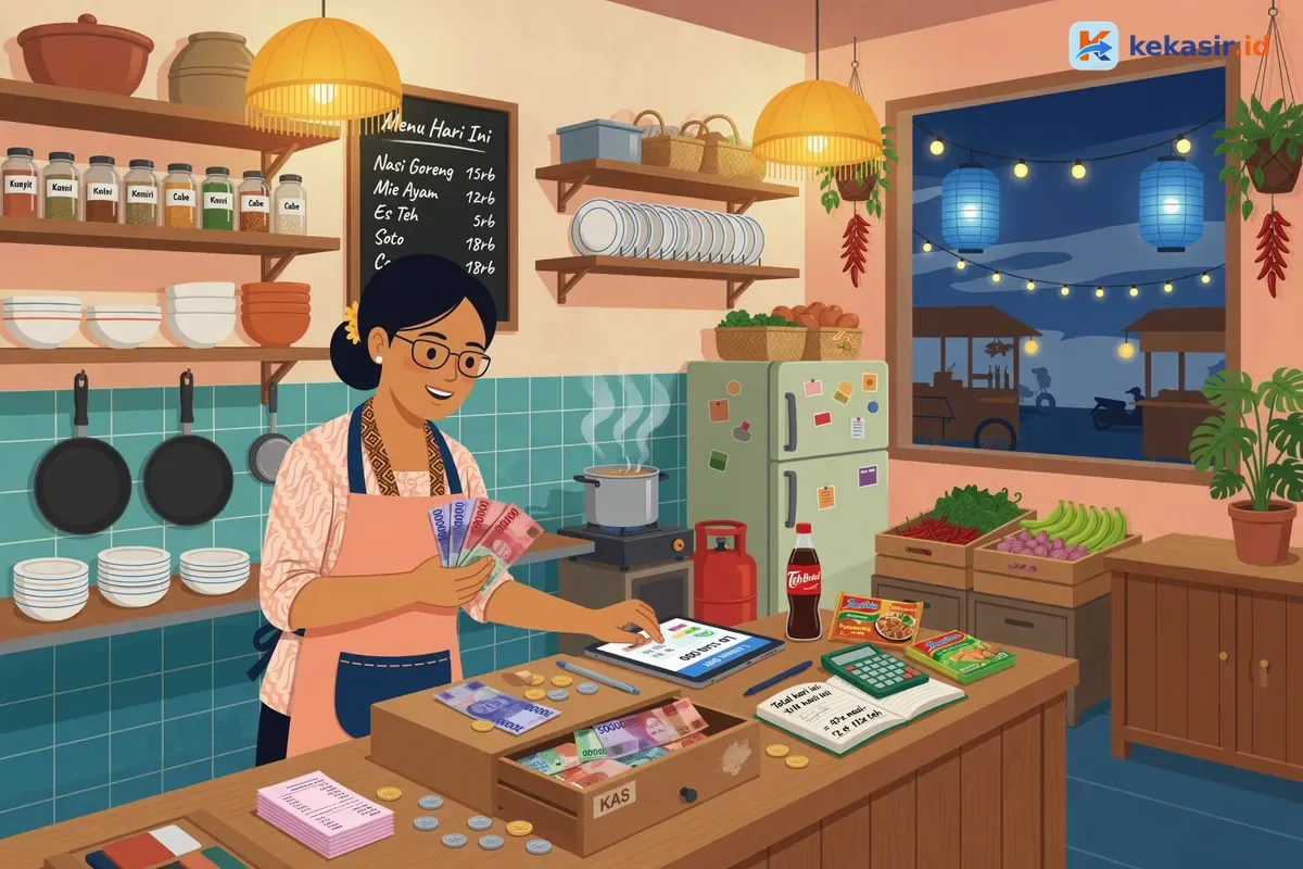 Ilustrasi kasir menutup shift di tablet sambil menghitung uang di laci kas warung
