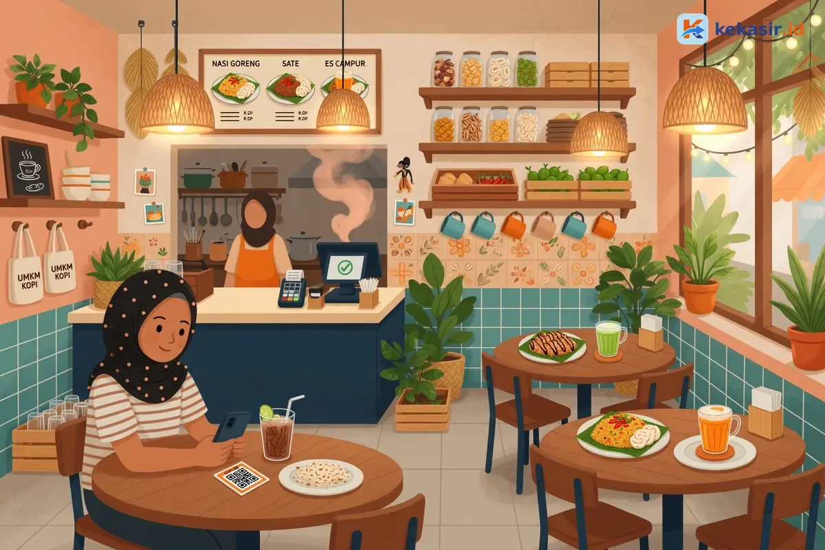 Ilustrasi pelanggan scan QR meja untuk pemesanan di kafe