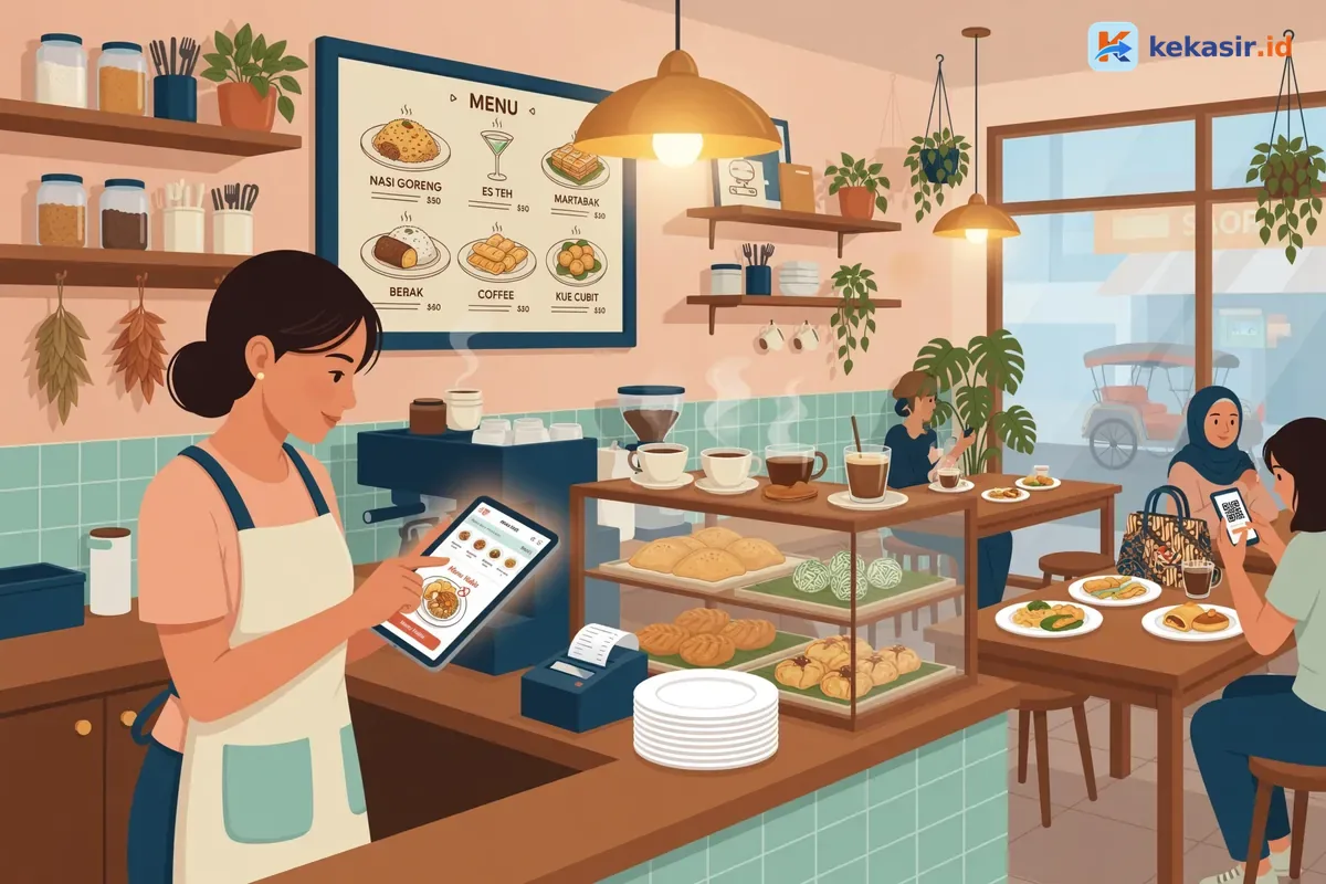 Ilustrasi staf cafe memeriksa aplikasi kasir untuk menonaktifkan menu yang habis