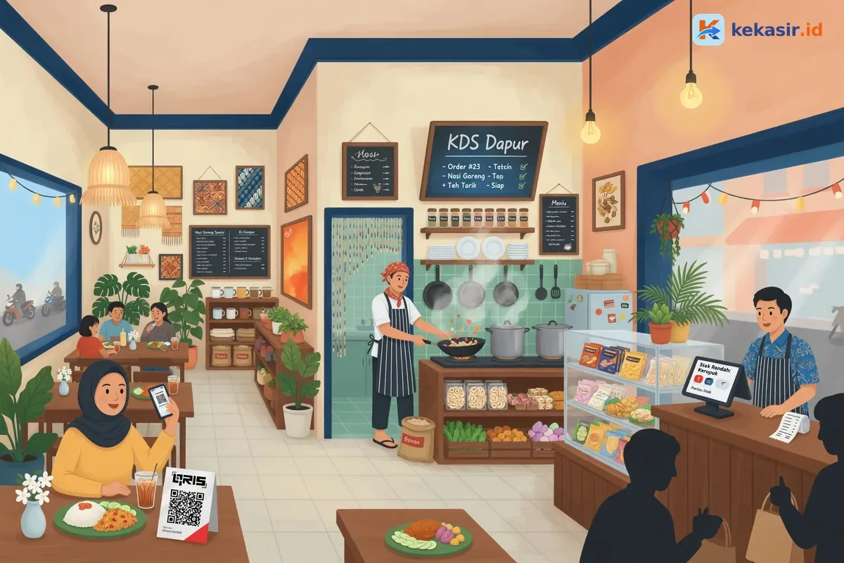 Diagram alur pesanan dari kasir ke dapur menggunakan kitchen display system