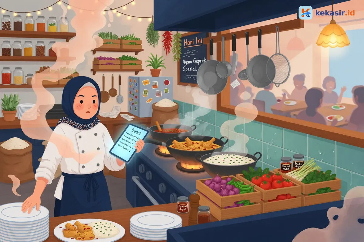 Ilustrasi suasana dapur restoran yang sedang ramai dengan pesanan