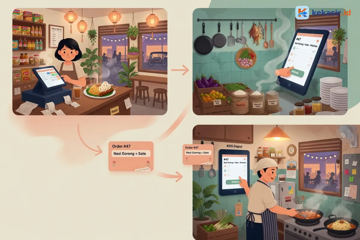 Diagram alur pesanan dari kasir ke layar dapur di restoran