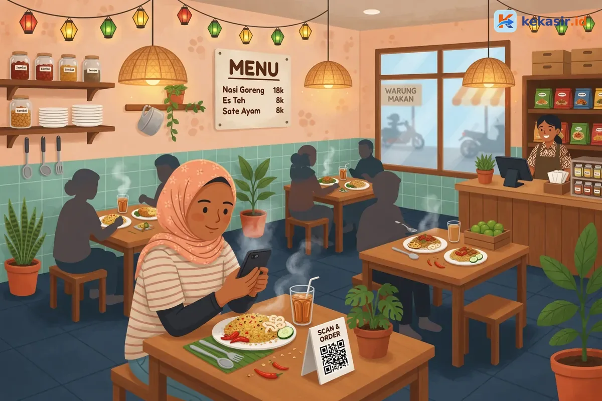 Ilustrasi pelanggan sedang scan QR meja untuk memesan sendiri di kafe