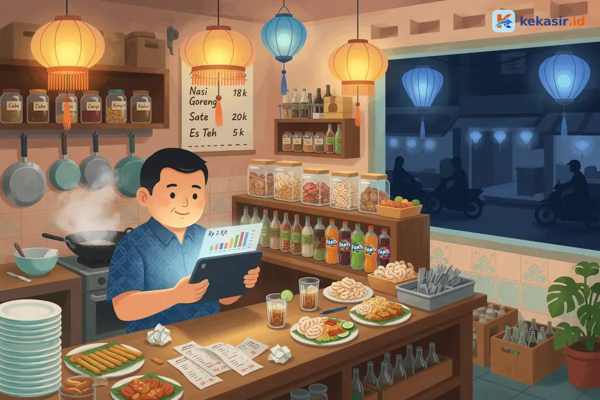 Ilustrasi pemilik restoran memantau omzet beberapa cabang dari laptop di meja kerja