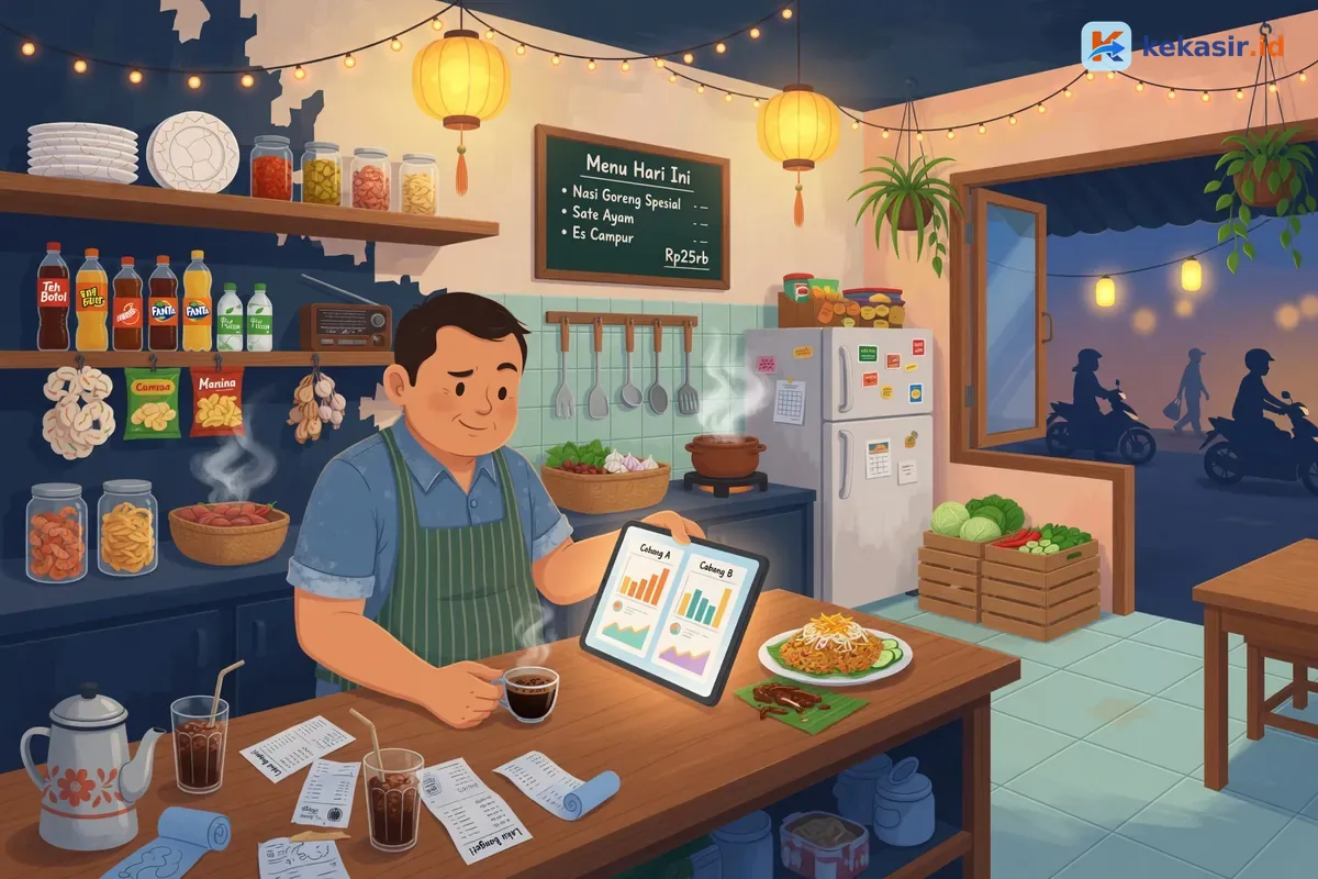 Pemilik usaha kuliner membandingkan laporan penjualan dua cabang di layar tablet sambil minum kopi