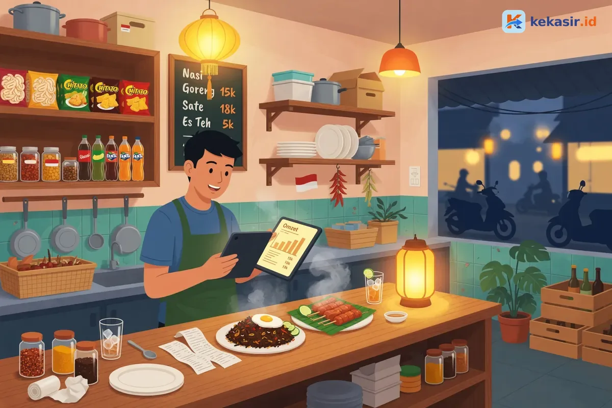 Ilustrasi owner usaha kuliner memantau omzet dua cabang dari laptop di meja kerja