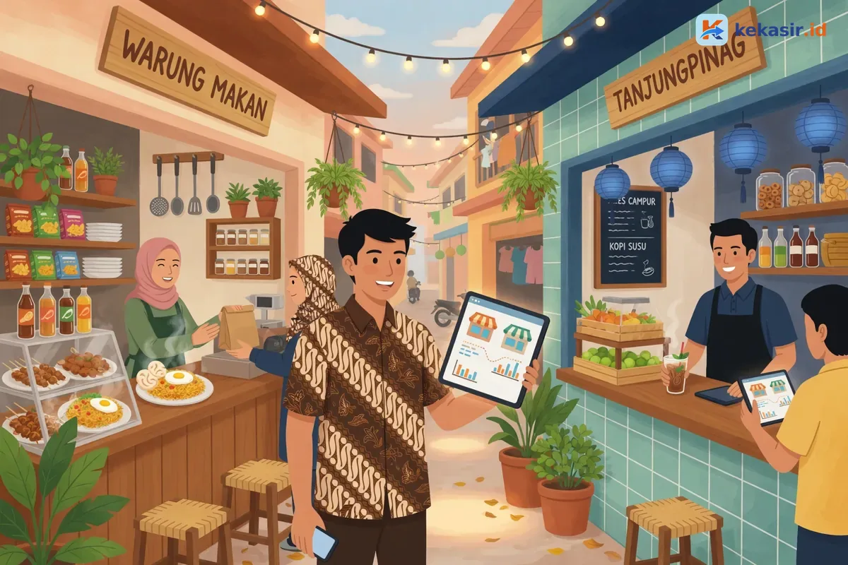 Suasana dua outlet kuliner berbeda dengan staf kasir melayani pelanggan di shift sore