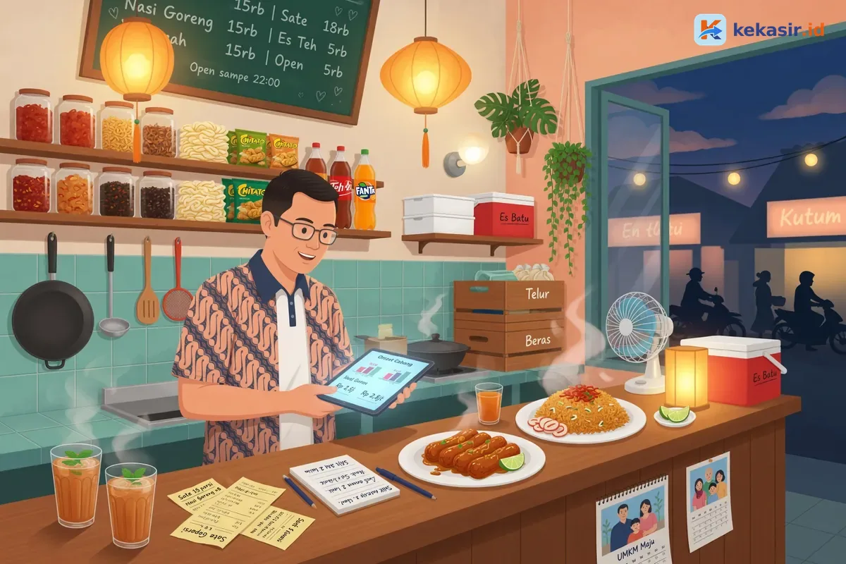 Pemilik usaha kuliner membandingkan omzet beberapa cabang di laptop sambil catatan shift di meja