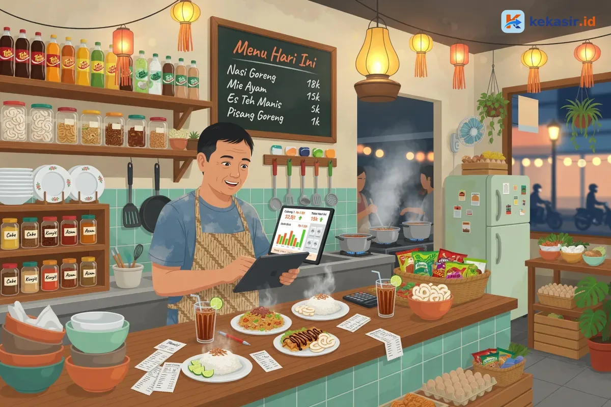 Suasana manajer multi cabang restoran meninjau dashboard di tablet di area kasir