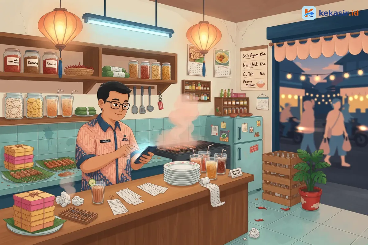 Tim dapur dan kasir multi cabang menyiapkan porsi seragam di restoran ramai