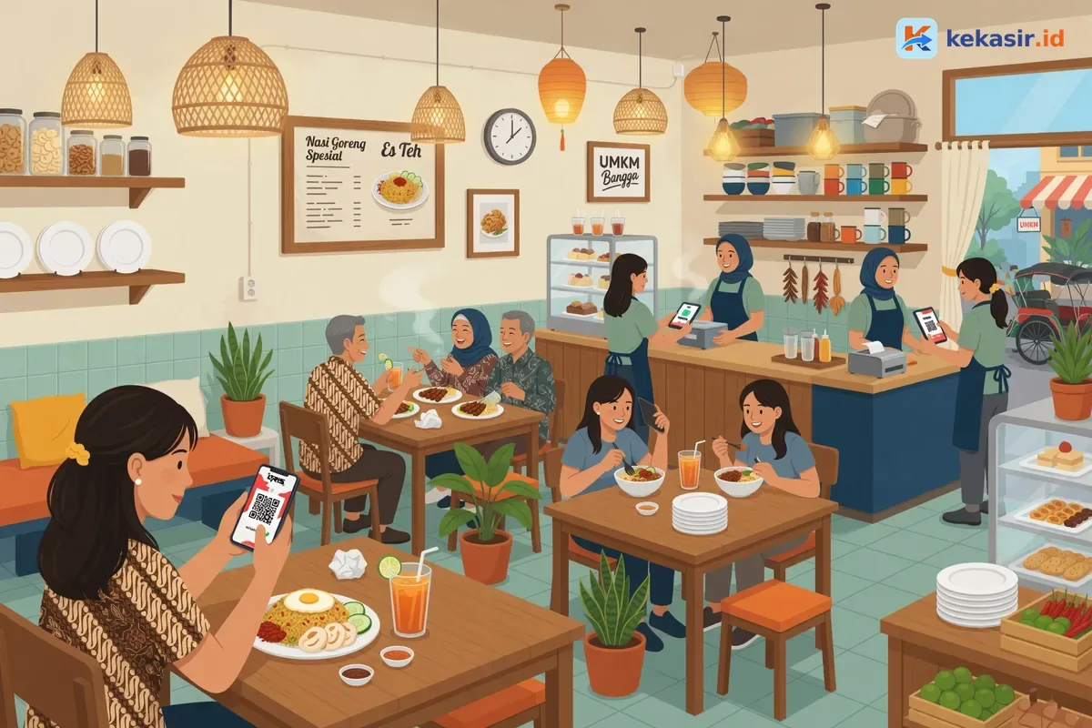 Ilustrasi suasana ramai di cafe wisata dengan tamu menunggu pesanan