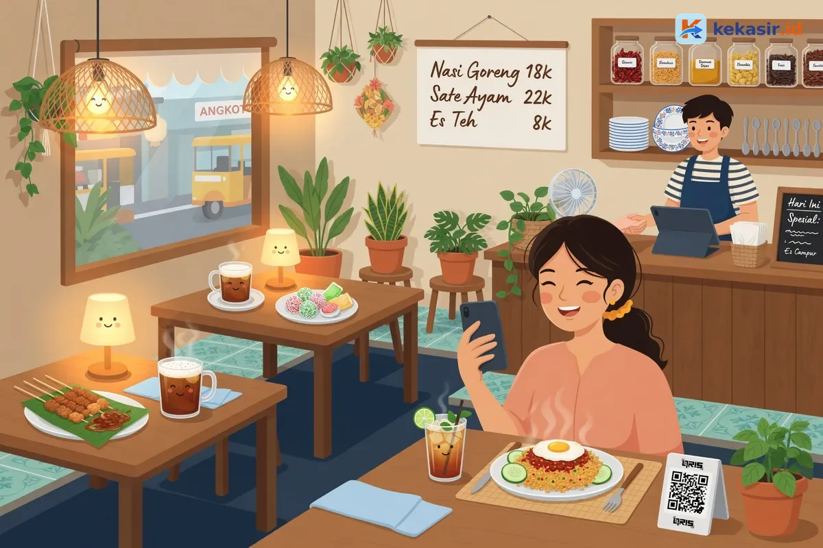 Ilustrasi kasir cafe memproses pembayaran campuran tunai dan QRIS dari pelanggan