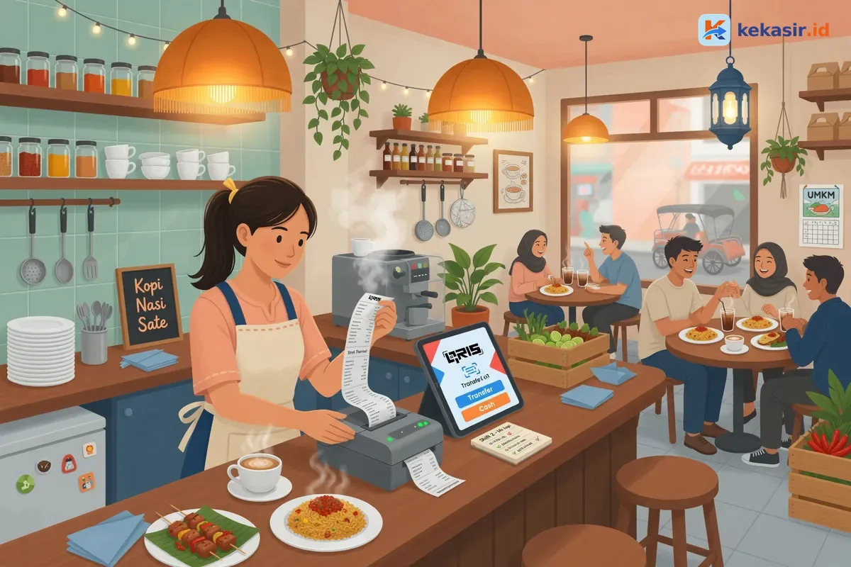 Ilustrasi kasir menyiapkan struk thermal dan mesin printer di meja cafe
