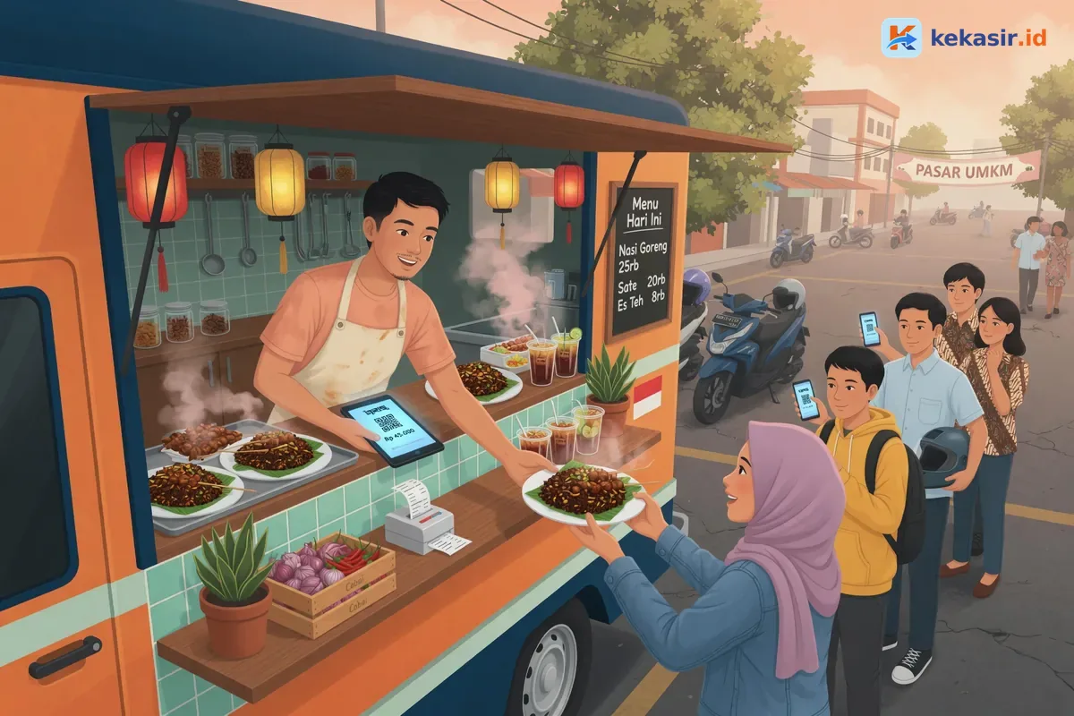 Ilustrasi pemilik food truck melayani antrean sambil memegang tablet kasir di pinggir jalan