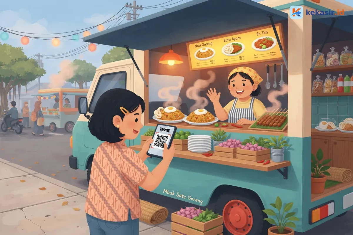 Ilustrasi pelanggan memindai QRIS di depan food truck sambil menunggu pesanan