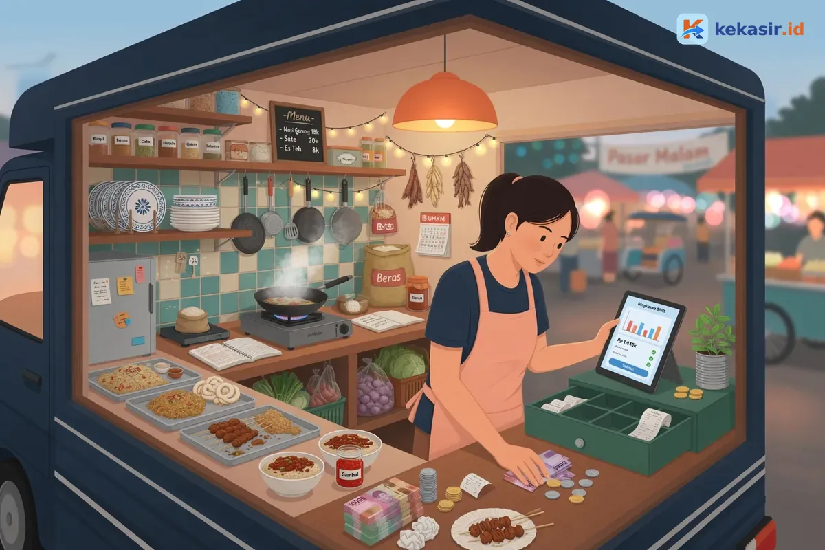 Ilustrasi staf food truck menghitung uang laci sambil melihat laporan shift di tablet
