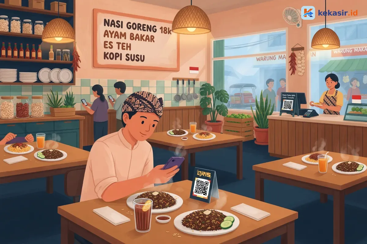 Ilustrasi kasir restoran menangani antrian pelanggan saat jam ramai
