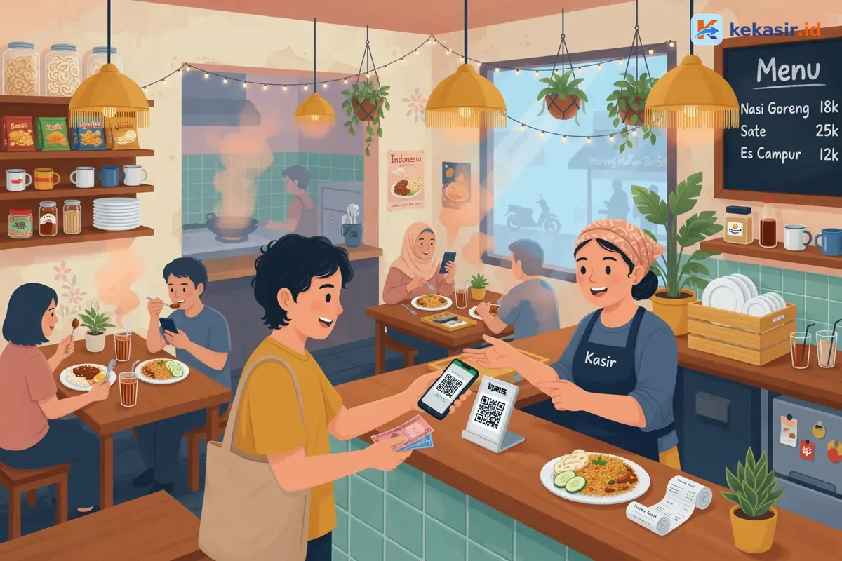 Ilustrasi pelanggan restoran melakukan pembayaran campuran tunai dan QRIS di kasir