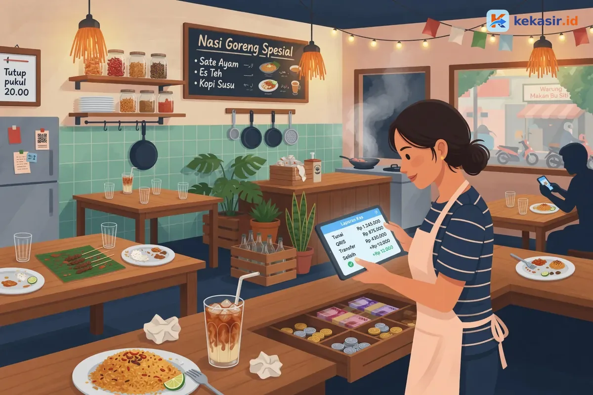 Ilustrasi pemilik usaha kuliner memeriksa laporan akhir shift kasir di tablet