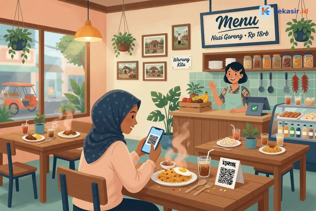 Pelanggan scan QRIS di meja warung sambil kasir siap di counter