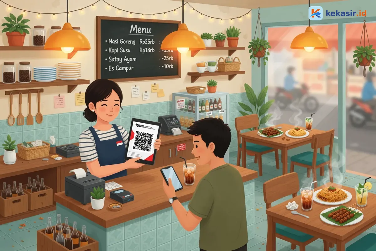 Kasir menampilkan kode QRIS di tablet saat pelanggan siap bayar di counter cafe