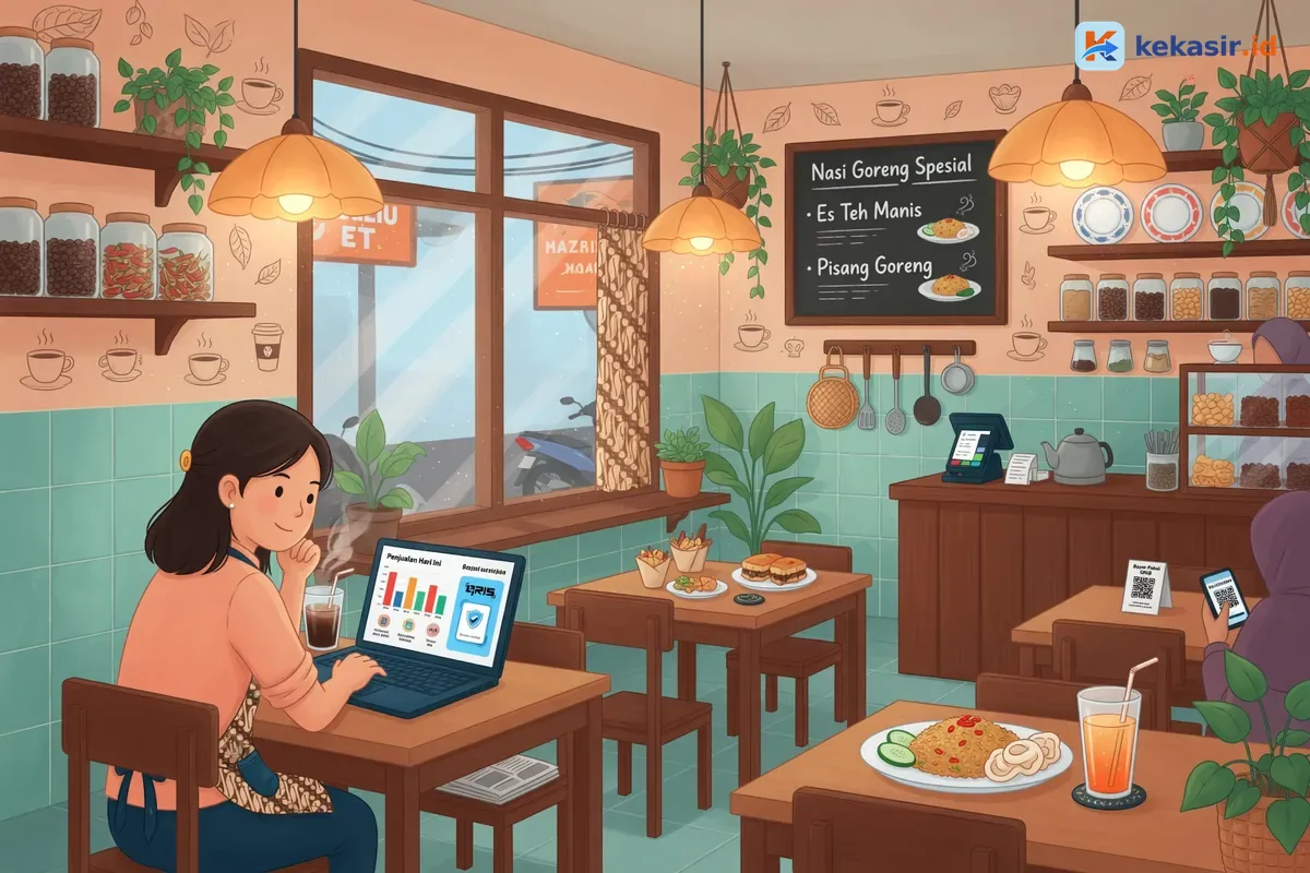 Owner warung mengecek laporan penjualan dan metode bayar di laptop di sudut cafe