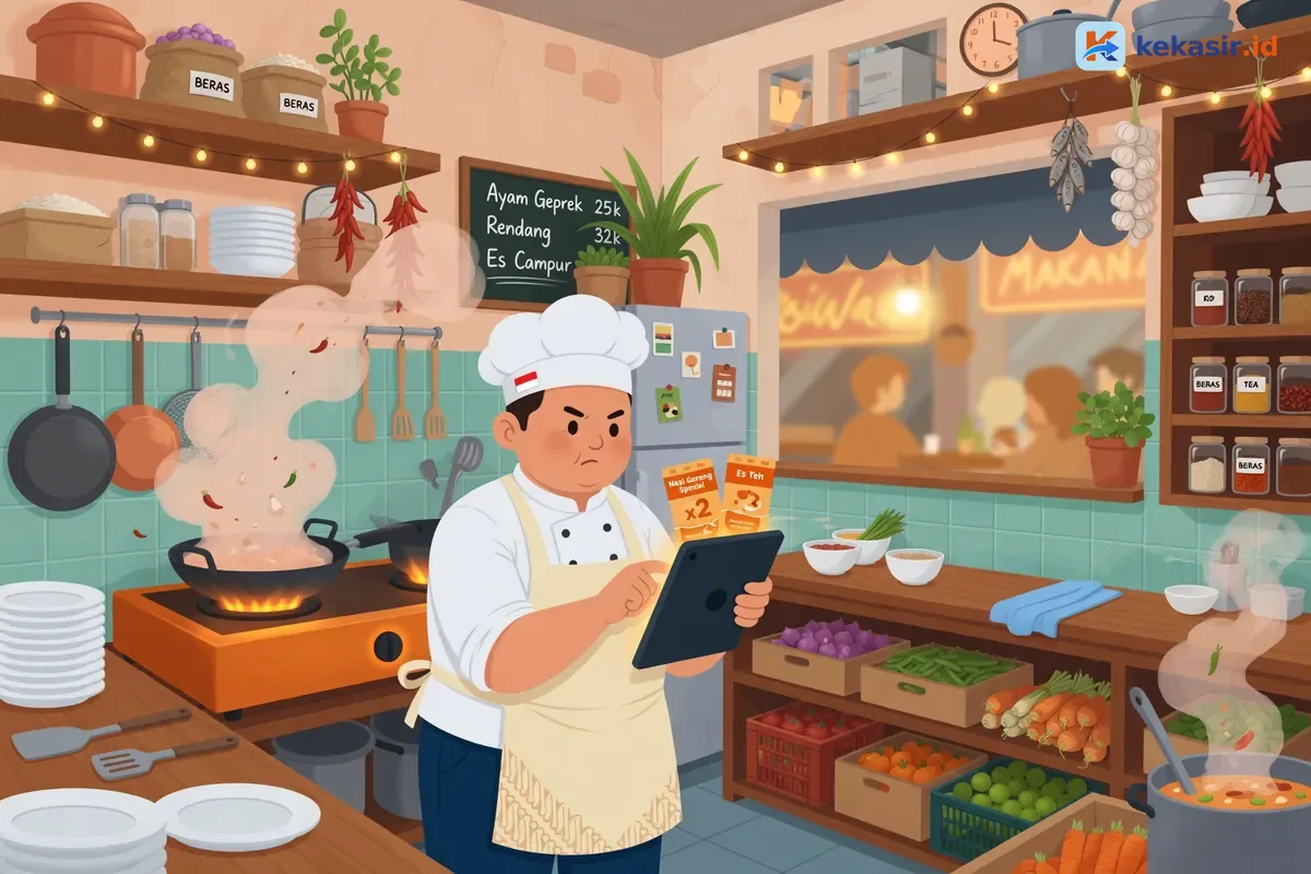 Ilustrasi dapur restoran yang ramai dengan pesanan tertumpuk di meja koki