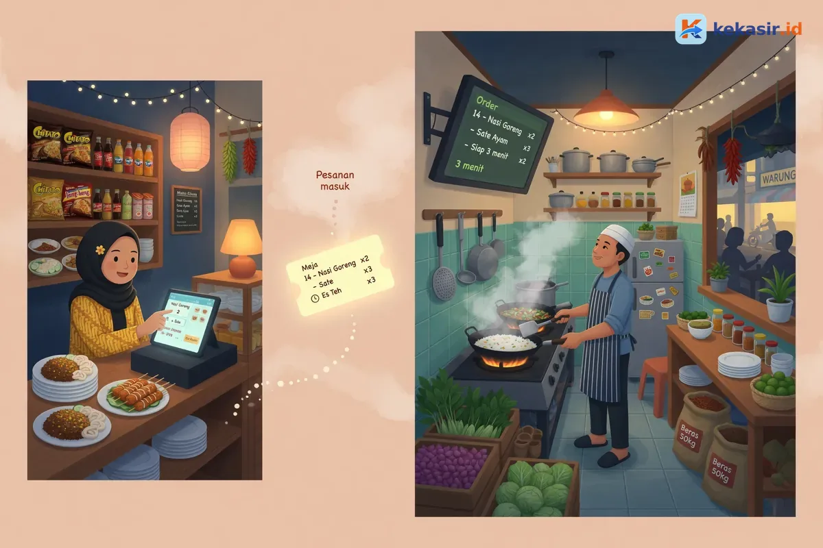 Diagram alur pesanan dari layar kasir langsung masuk ke monitor dapur