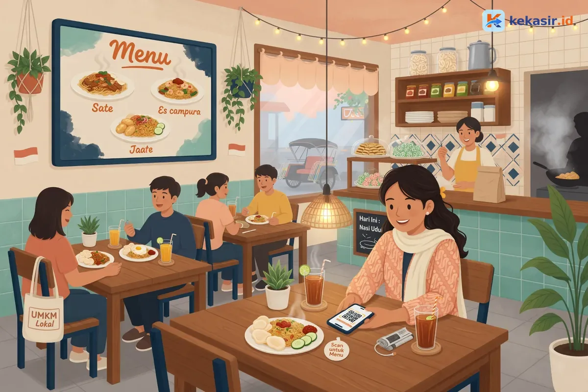 Ilustrasi pelanggan memesan menu secara online dari ponsel sambil menunggu di meja kafe