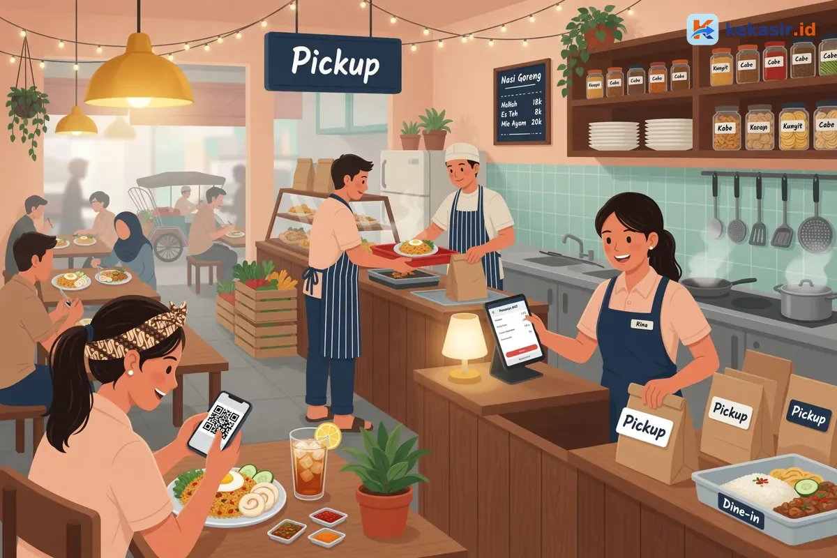 Ilustrasi staf kasir dan dapur bekerja sama merakit pesanan pickup saat jam sibuk