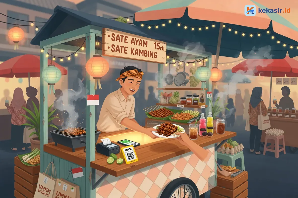 Ilustrasi pemilik pop-up store F&B melayani pelanggan di lapak bazar