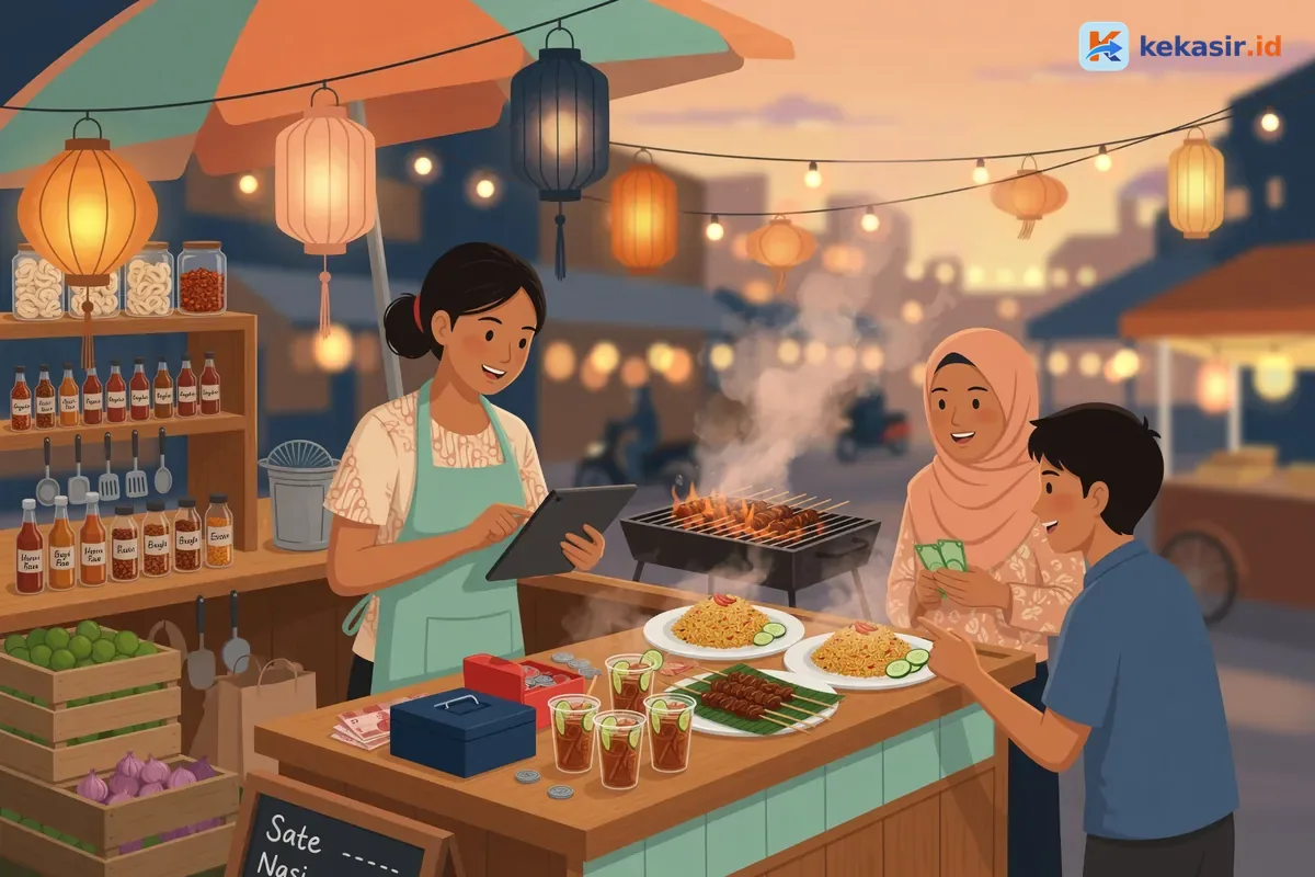 Ilustrasi kasir input pesanan menggunakan tablet di lapak makanan outdoor