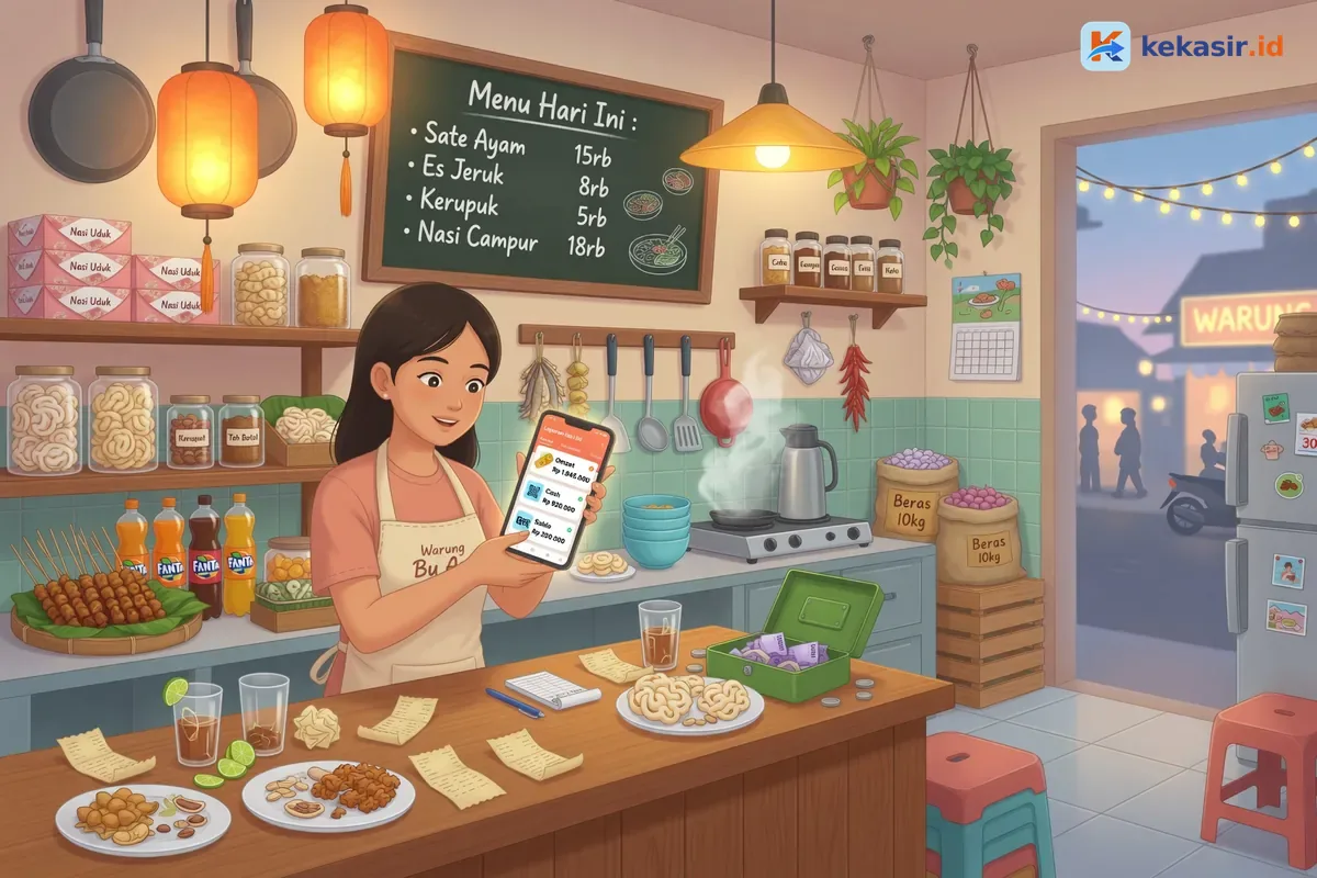Ilustrasi staf warung mengecek laporan kasir di ponsel sebelum tutup lapak