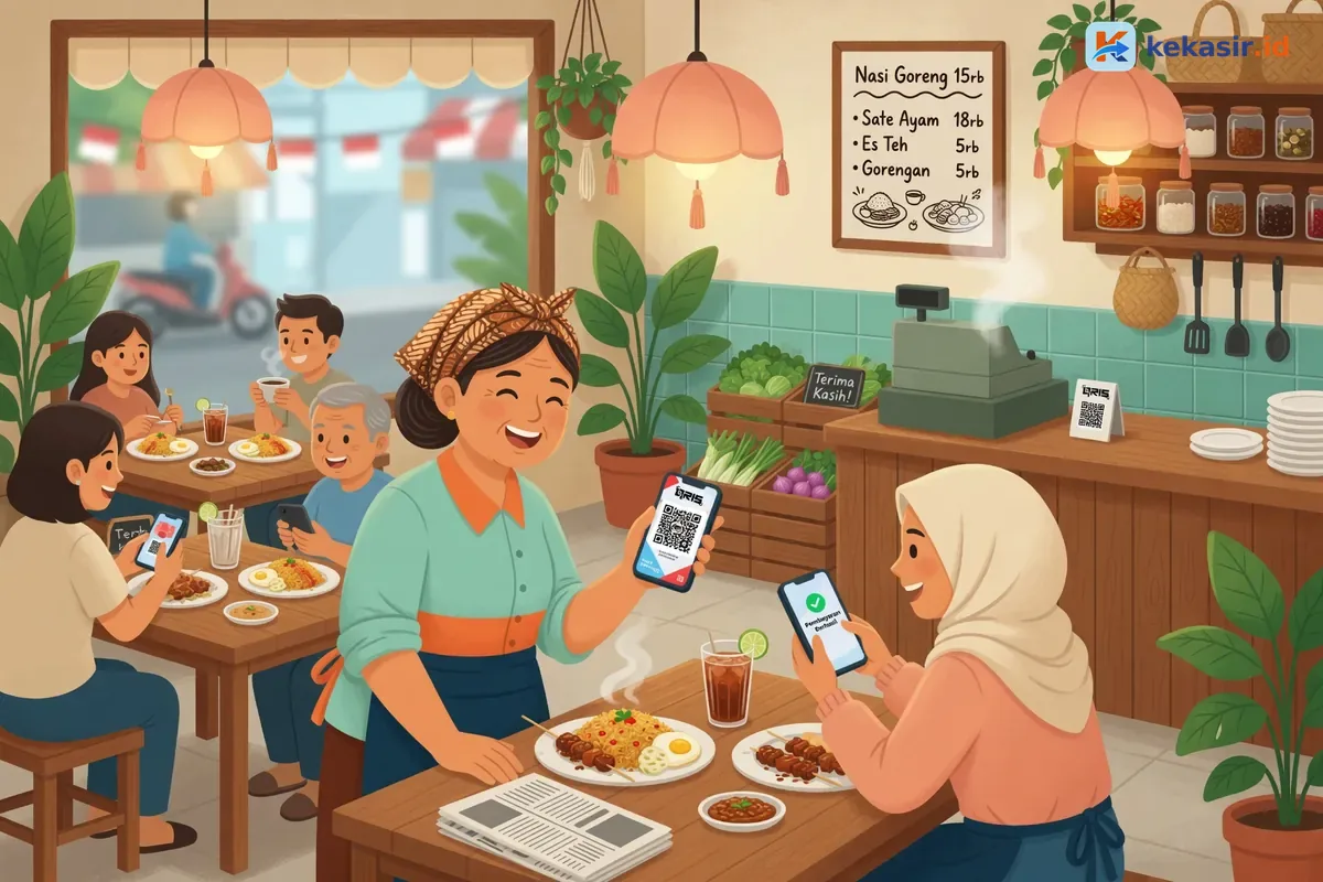 Ilustrasi pedagang kaki lima menerima pembayaran QRIS via HP di lapaknya