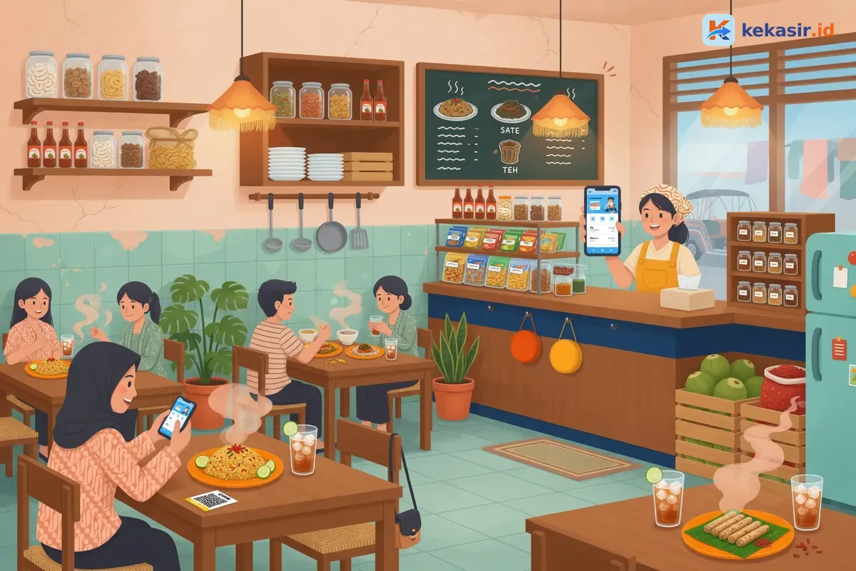Ilustrasi pemilik gerobak makan menggunakan aplikasi kasir di HP saat ramai pelanggan