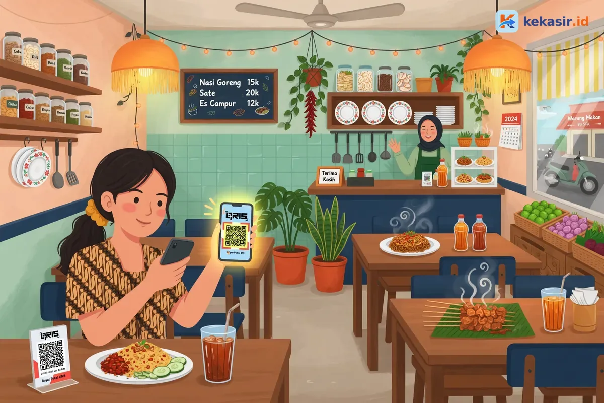 Ilustrasi pelanggan menunjukkan layar HP untuk scan QRIS dinamis di warung makan