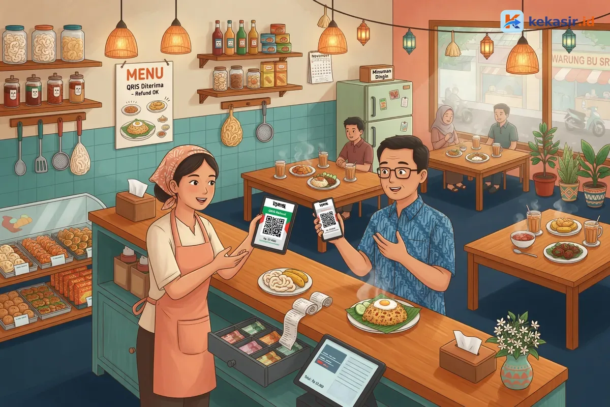 Ilustrasi kasir warung menjelaskan refund QRIS ke pelanggan di meja kasir